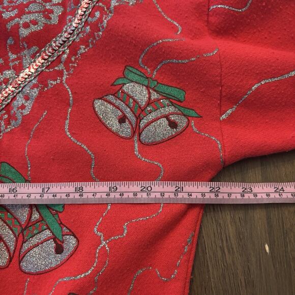 Vintage 80s Jingle Bells Glitter Sequins Christmas Sweatshirt Red Pullover Art S - Picture 6 of 8